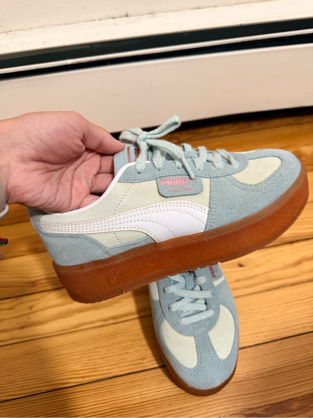 Puma Suede Low-Top Sneakers in Light Blue, Cream & White with Gum Sole